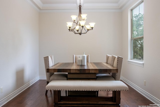dining room with a chandelier, crown molding, plenty of natural light, and dark wood-type flooring