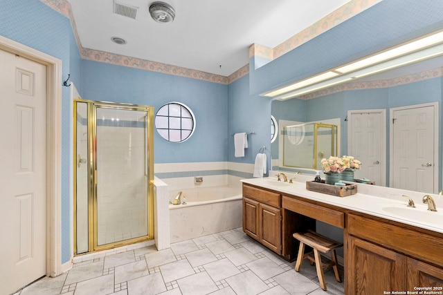 16222 Deer Crst, San Antonio, TX 78248 - bathroom featuring a shower stall, a bath, double vanity, and wallpapered walls