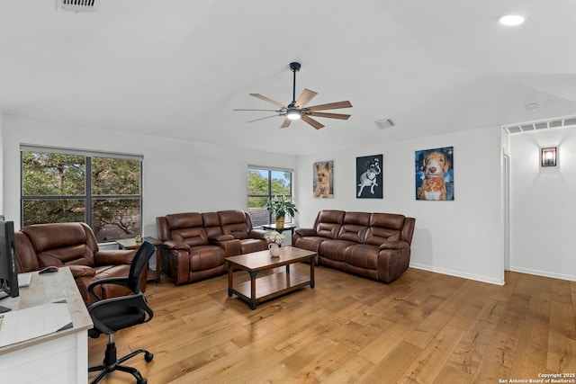 16222 Deer Crst, San Antonio, TX 78248 - living room featuring a ceiling fan, light wood-style floors, baseboards, lofted ceiling, and a desk