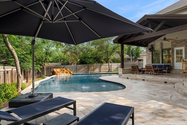 16222 Deer Crst, San Antonio, TX 78248 - view of pool with a patio area, a fenced backyard, outdoor lounge area, and ceiling fan