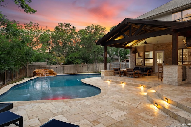 16222 Deer Crst, San Antonio, TX 78248 - view of swimming pool featuring a ceiling fan, a fenced backyard, a patio area, and an outdoor living space