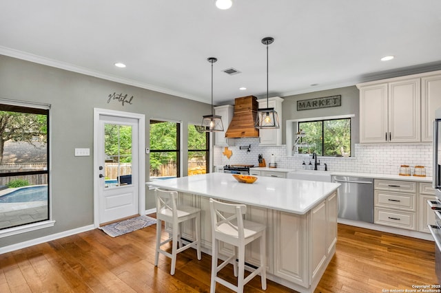 16222 Deer Crst, San Antonio, TX 78248 - kitchen with stainless steel dishwasher, a sink, premium range hood, decorative backsplash, and recessed lighting