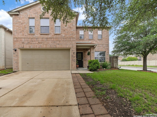 13303 Sunset Rainbow, San Antonio, TX 78245 - traditional home featuring an attached garage, brick siding, driveway, and a front lawn