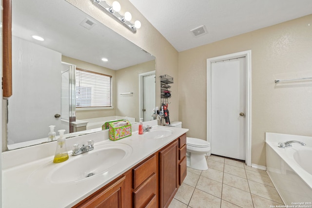 13303 Sunset Rainbow, San Antonio, TX 78245 - full bathroom with a bath, double vanity, tile patterned flooring, toilet, and a shower stall