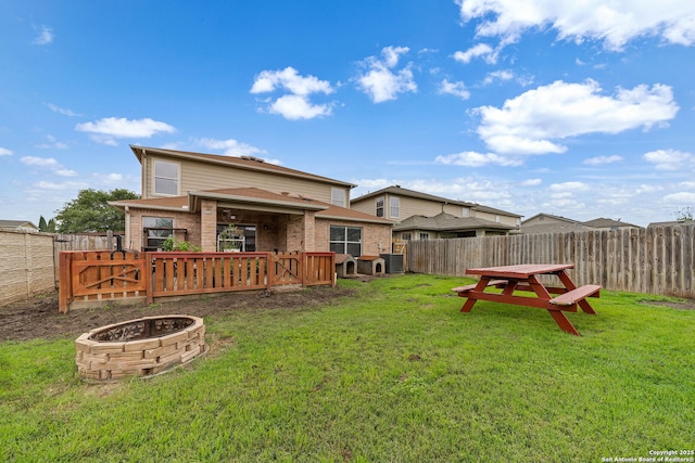 13303 Sunset Rainbow, San Antonio, TX 78245 - back of property with a fire pit, brick siding, and central AC