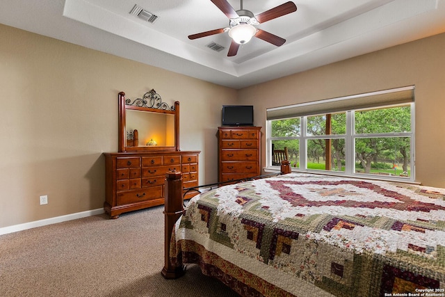 1200 Brand, Bulverde, TX 78163 - bedroom with carpet, a tray ceiling, baseboards, and a ceiling fan