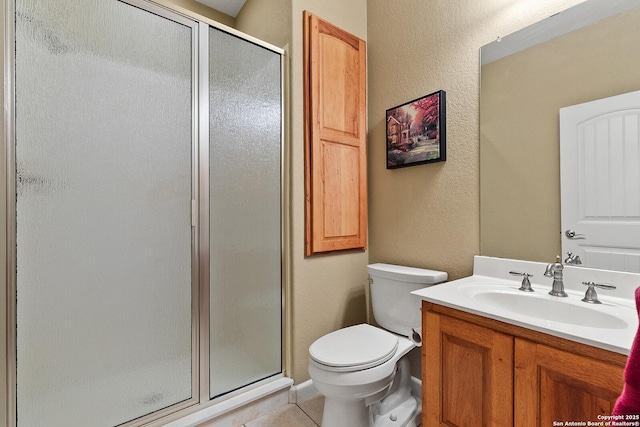 1200 Brand, Bulverde, TX 78163 - bathroom with a stall shower, toilet, vanity, tile patterned floors, and a textured wall