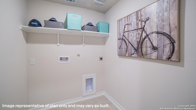 washroom with washer hookup, baseboards, hookup for a gas dryer, hookup for an electric dryer, and tile patterned floors