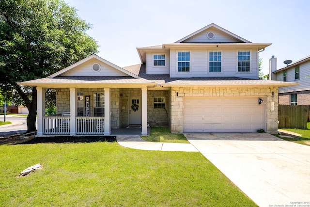 view of front facade with a garage, a porch, driveway, stone siding, and roof with shingles