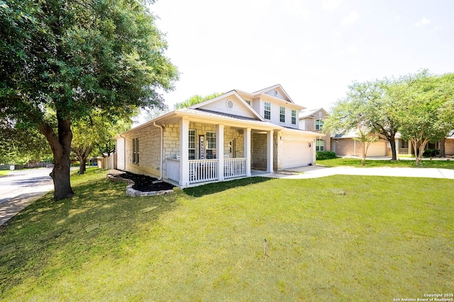 view of front facade featuring a porch, driveway, a front lawn, and stone siding
