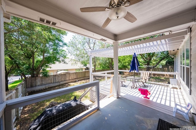 view of patio with a fenced backyard, outdoor dining space, a pergola, and ceiling fan