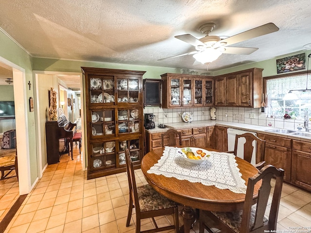 6719 State Highway 55, Uvalde, TX 78801 - kitchen featuring a sink, light countertops, decorative backsplash, a textured ceiling, and white dishwasher