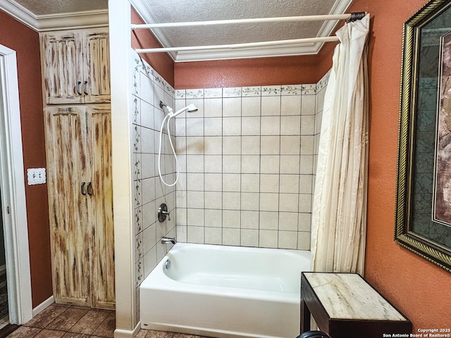 6719 State Highway 55, Uvalde, TX 78801 - bathroom featuring shower / bath combination with curtain, crown molding, tile patterned flooring, a textured ceiling, and a textured wall