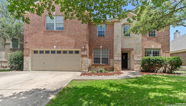 25836 Stone Cyn, San Antonio, TX 78260 - view of front of house with concrete driveway, stone siding, an attached garage, a front yard, and brick siding