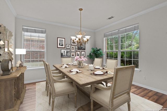25836 Stone Cyn, San Antonio, TX 78260 - dining space with crown molding, plenty of natural light, light wood finished floors, and a chandelier