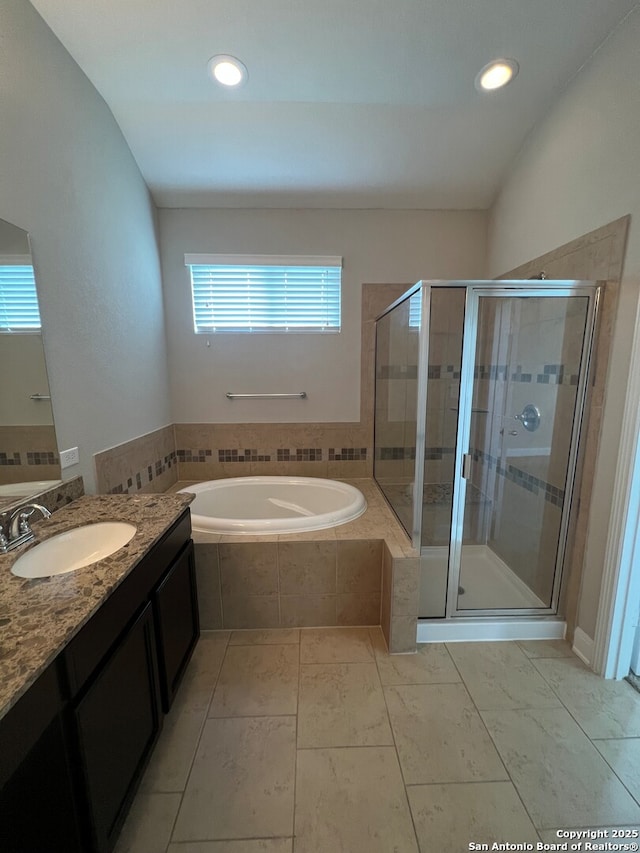 17339 Brachetto, San Antonio, TX 78247 - bathroom with a garden tub, a shower stall, vanity, and recessed lighting