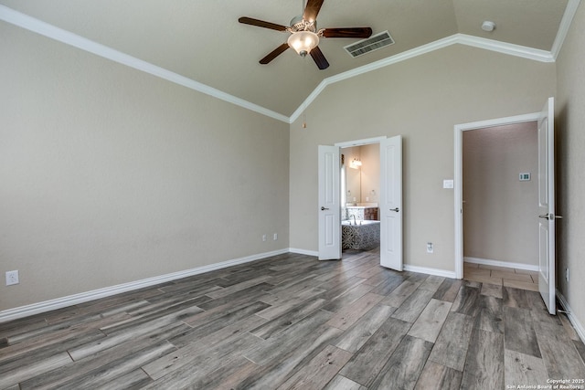 12418 Maverick Rnch, San Antonio, TX 78254 - unfurnished bedroom featuring lofted ceiling, wood finished floors, a ceiling fan, baseboards, and ornamental molding