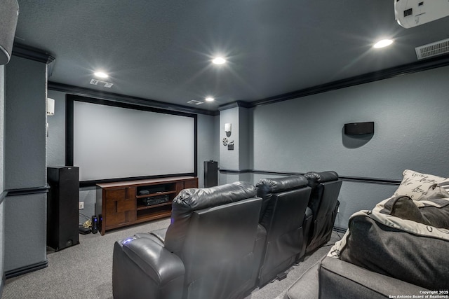 12418 Maverick Rnch, San Antonio, TX 78254 - home theater featuring light carpet, crown molding, recessed lighting, and a textured wall
