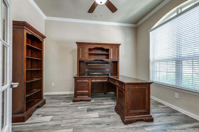 12418 Maverick Rnch, San Antonio, TX 78254 - office featuring ceiling fan, light wood-style floors, crown molding, and baseboards