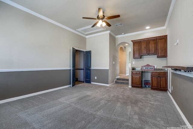 12418 Maverick Rnch, San Antonio, TX 78254 - kitchen featuring arched walkways, a ceiling fan, carpet, ornamental molding, and baseboards