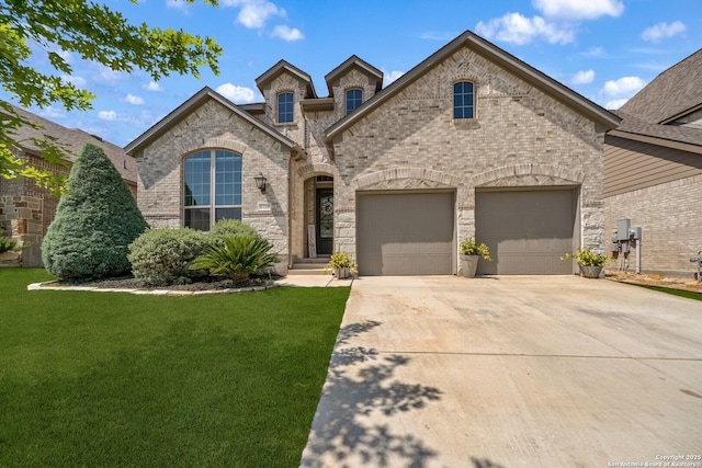 9759 Kremmen, Boerne, TX 78006 - french country home featuring a front yard, driveway, brick siding, a garage, and stone siding