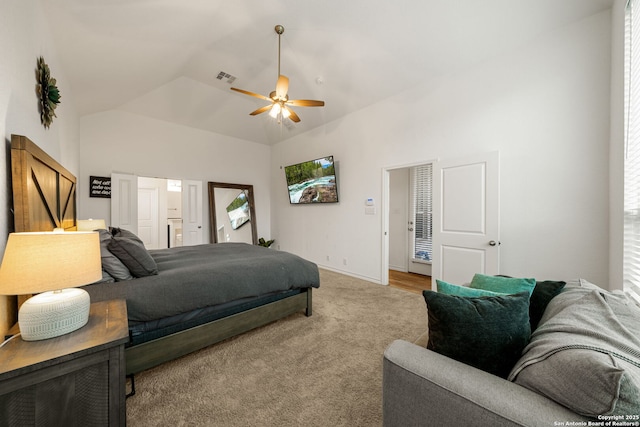 9759 Kremmen, Boerne, TX 78006 - bedroom with lofted ceiling, baseboards, light carpet, and a ceiling fan