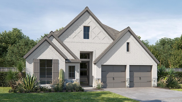 view of front facade with brick siding, a garage, a front lawn, concrete driveway, and stone siding