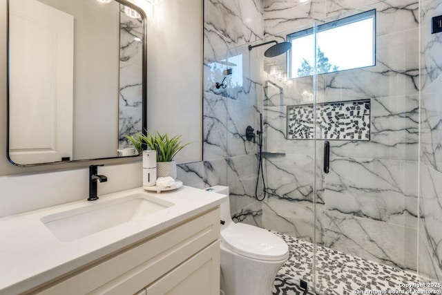 7812 Ventura Blvd, Selma, TX 78154 - full bathroom featuring a marble finish shower, toilet, vanity, and tile walls