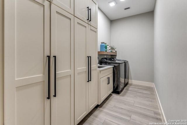 7812 Ventura Blvd, Selma, TX 78154 - kitchen featuring washing machine and clothes dryer, baseboards, light wood-type flooring, and white cabinets