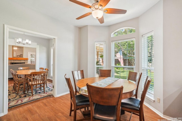 dining room with light wood-style floors, a chandelier, baseboards, and ceiling fan