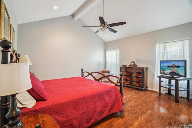 bedroom featuring wood finished floors, beamed ceiling, ceiling fan, baseboards, and high vaulted ceiling