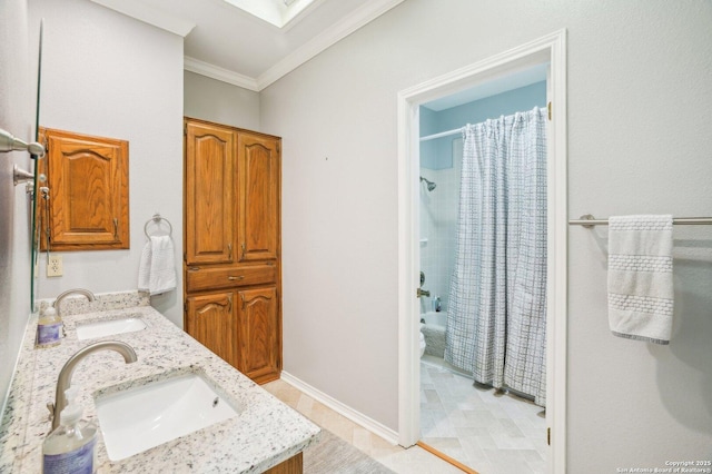 bathroom featuring crown molding, double vanity, and shower / bath combination with curtain