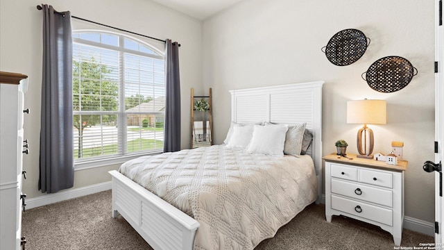 bedroom featuring dark carpet and baseboards