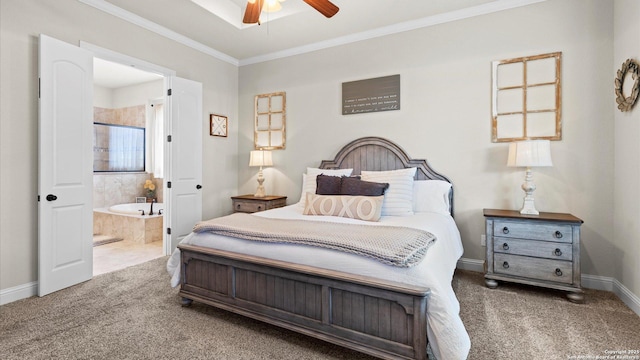 bedroom with carpet floors, crown molding, baseboards, connected bathroom, and ceiling fan
