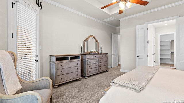 bedroom featuring light carpet, crown molding, multiple windows, baseboards, and ceiling fan