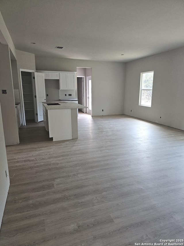 kitchen with white cabinetry, a kitchen island, wood finished floors, and open floor plan