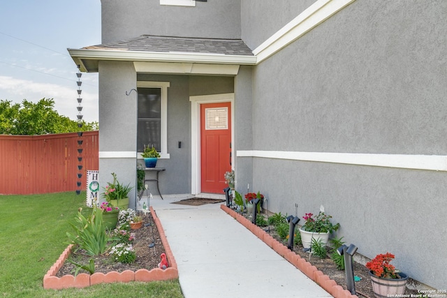 5249 Nature Path, Marion, TX 78124 - doorway to property featuring stucco siding and a shingled roof