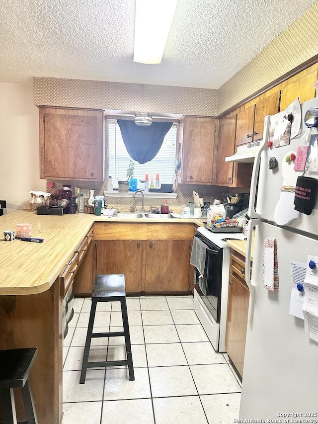 401/403 W Adams, Pleasanton, TX 78064 - kitchen with freestanding refrigerator, electric range oven, a sink, a peninsula, and light countertops
