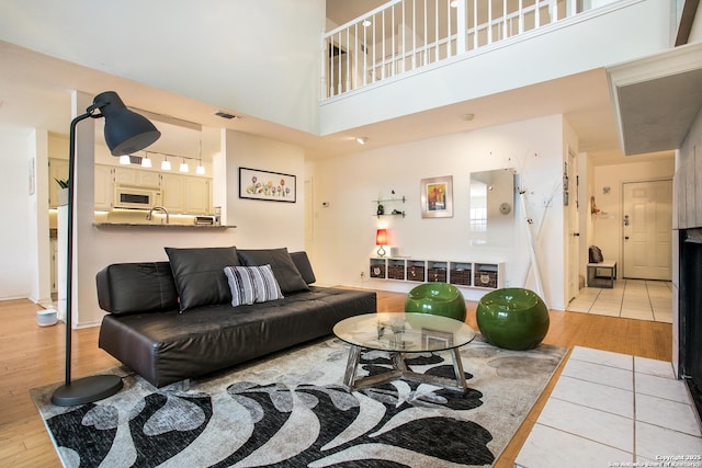 7930 Roanoke Unit 106, San Antonio, TX 78240 - living room with light wood-type flooring, a high ceiling, and baseboards