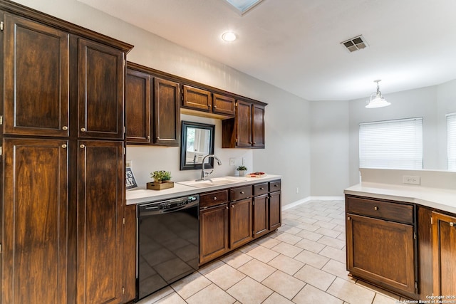 kitchen with black dishwasher, a sink, light countertops, dark brown cabinets, and recessed lighting