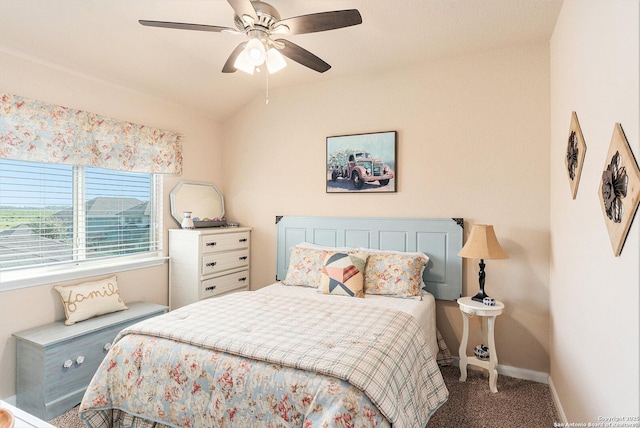 12338 Belfort Pt, Schertz, TX 78154 - bedroom with carpet floors, baseboards, vaulted ceiling, and a ceiling fan