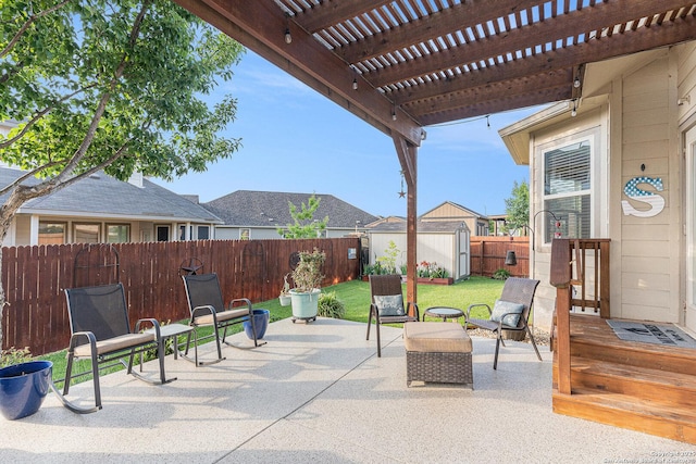 12338 Belfort Pt, Schertz, TX 78154 - view of patio / terrace with a fenced backyard, a pergola, a storage unit, and an outbuilding