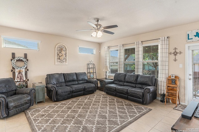 12338 Belfort Pt, Schertz, TX 78154 - tiled living room featuring ceiling fan and healthy amount of natural light