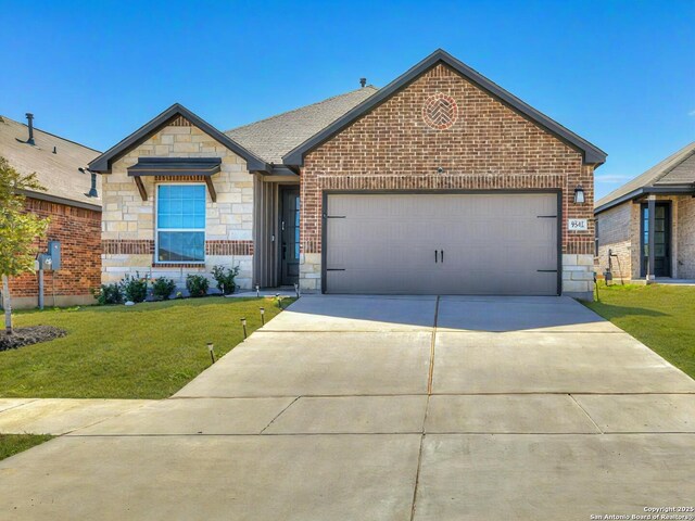9342 Crestway Rd, Converse, TX 78109 - view of front of home with a front yard, an attached garage, stone siding, and driveway