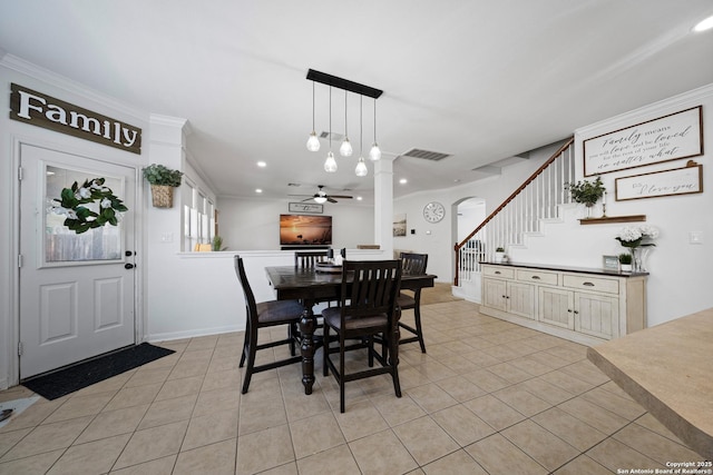 dining area featuring stairs, a ceiling fan, light tile patterned flooring, ornamental molding, and recessed lighting