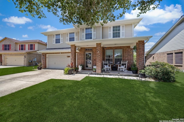 view of front facade featuring brick siding, covered porch, concrete driveway, and an attached garage
