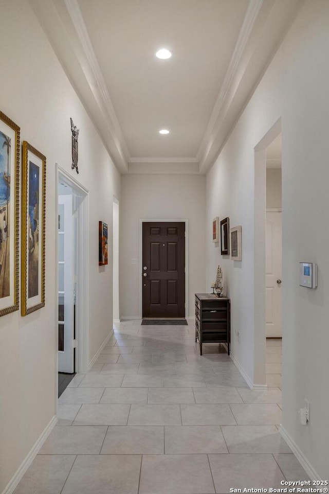 12243 Dusty Boots, San Antonio, TX 78254 - hallway featuring crown molding, recessed lighting, and light tile patterned floors