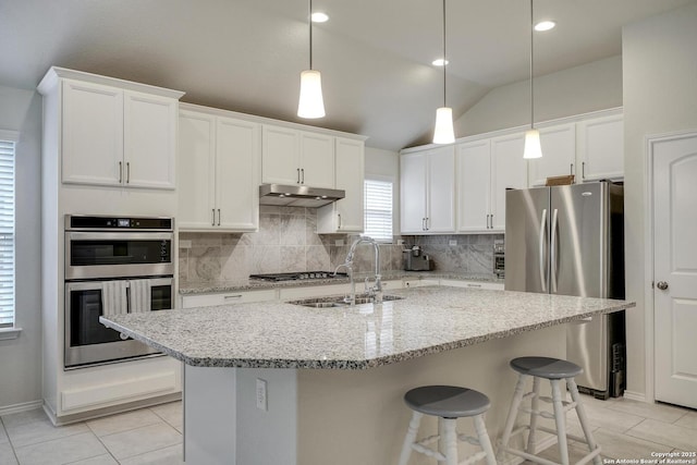 12243 Dusty Boots, San Antonio, TX 78254 - kitchen with appliances with stainless steel finishes, under cabinet range hood, lofted ceiling, tasteful backsplash, and light tile patterned floors