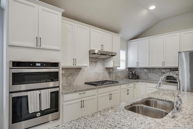12243 Dusty Boots, San Antonio, TX 78254 - kitchen featuring appliances with stainless steel finishes, vaulted ceiling, under cabinet range hood, white cabinets, and backsplash