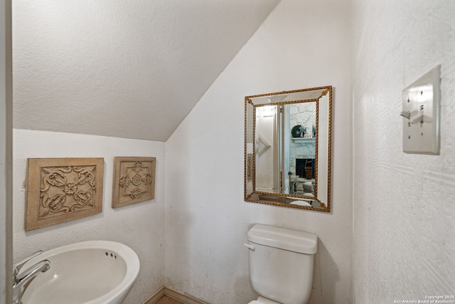 107 River Knl, Castroville, TX 78009 - half bath with lofted ceiling, toilet, a textured ceiling, and a sink
